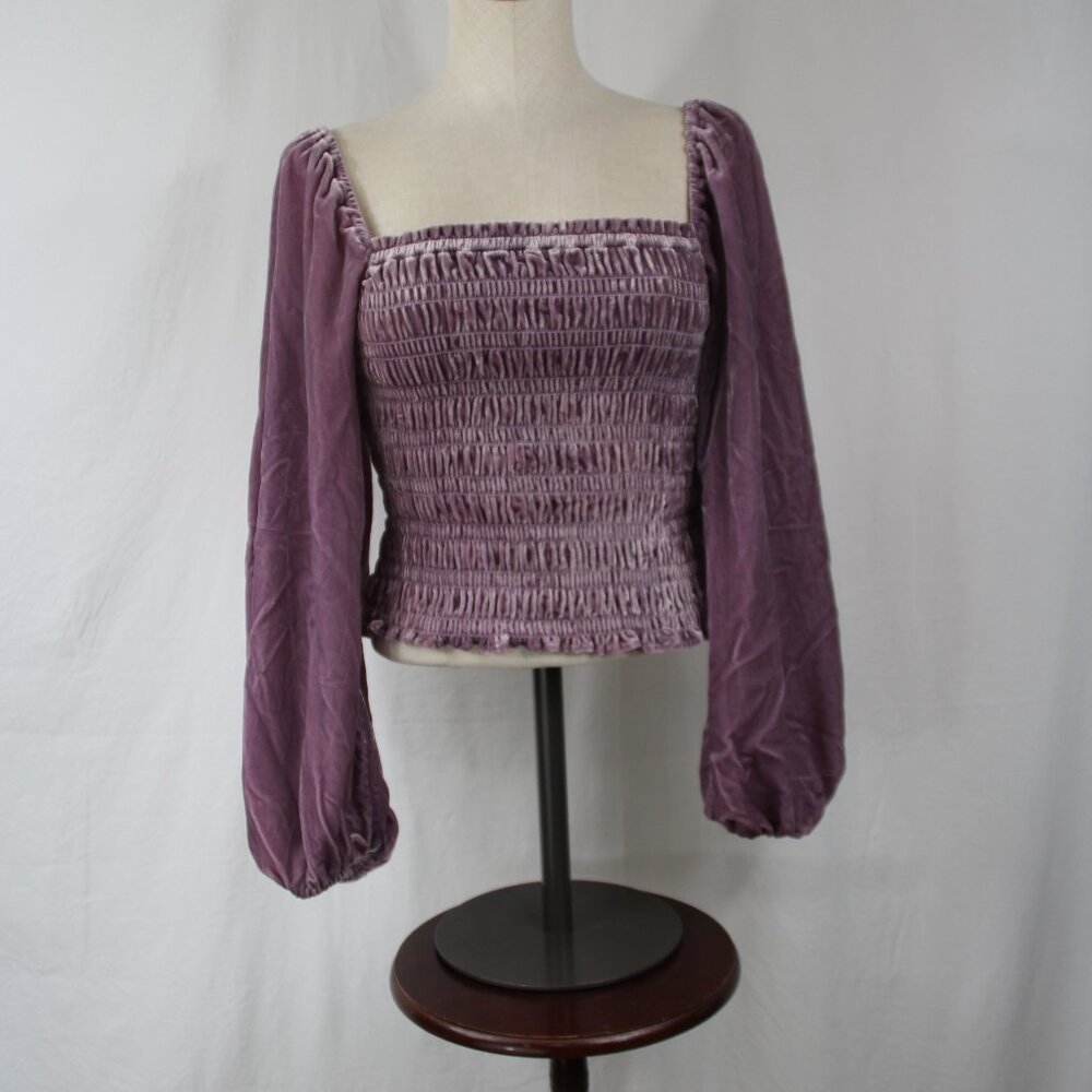 Anthropologie Velvet Smocked  Bodice Puff Sleeve Top Purple Peasant Blouse Sz. L